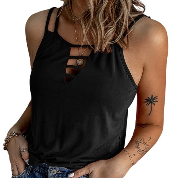 Double Shoulder Strap Cutout Front Tank Top Black - Picture 5 of 9